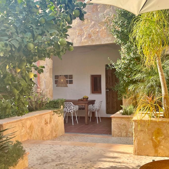 Gartenpflege Heller Innenhof mit Tisch und Stühlen, umgeben von Pflanzen und einer sonnigen Atmosphäre.